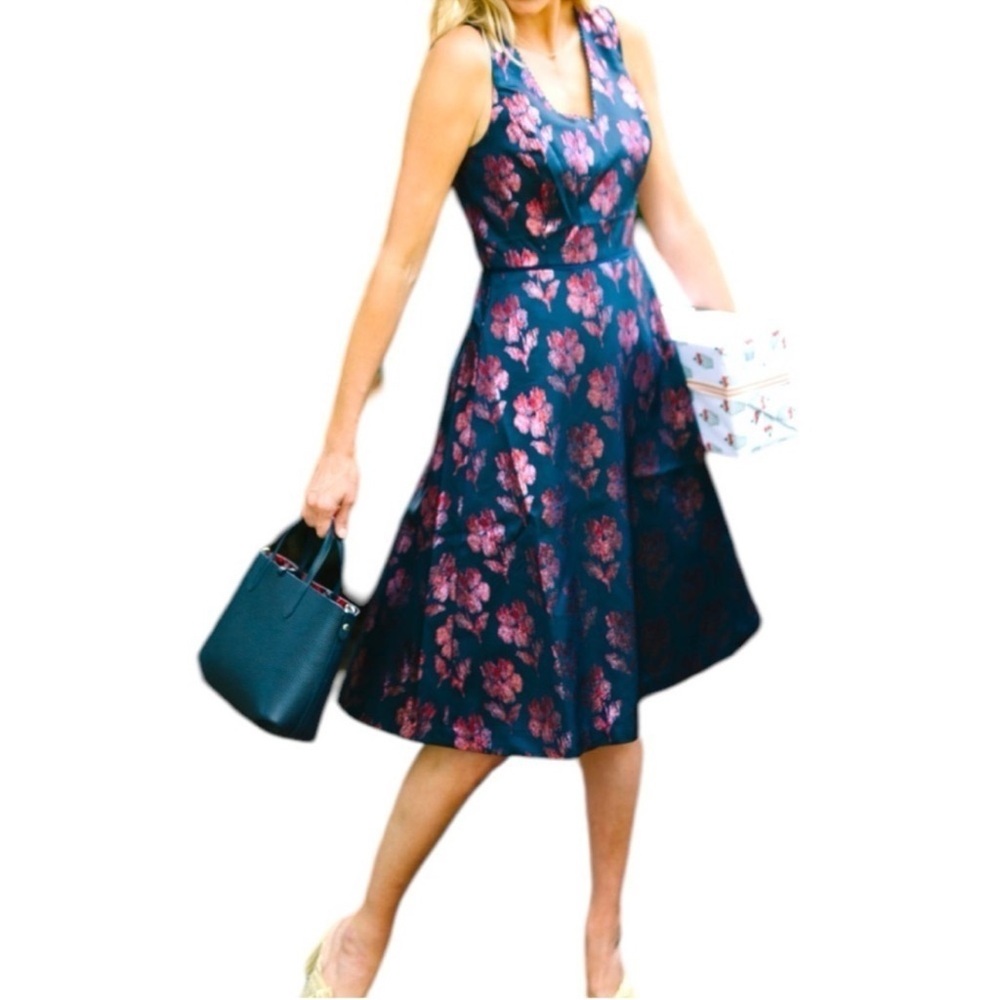 NWT Draper James Floral Jacquard Midi Dress Size 8 Fit Flare Navy Pink Metallic - Picture 3 of 13